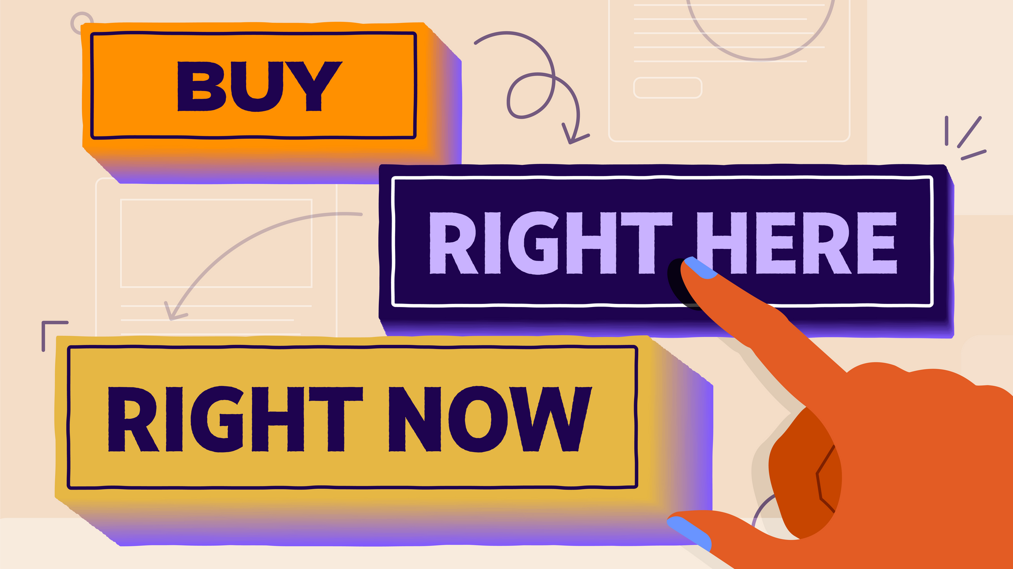 An abstract finger tapping on buttons labelled "buy", "right here", and "right now".