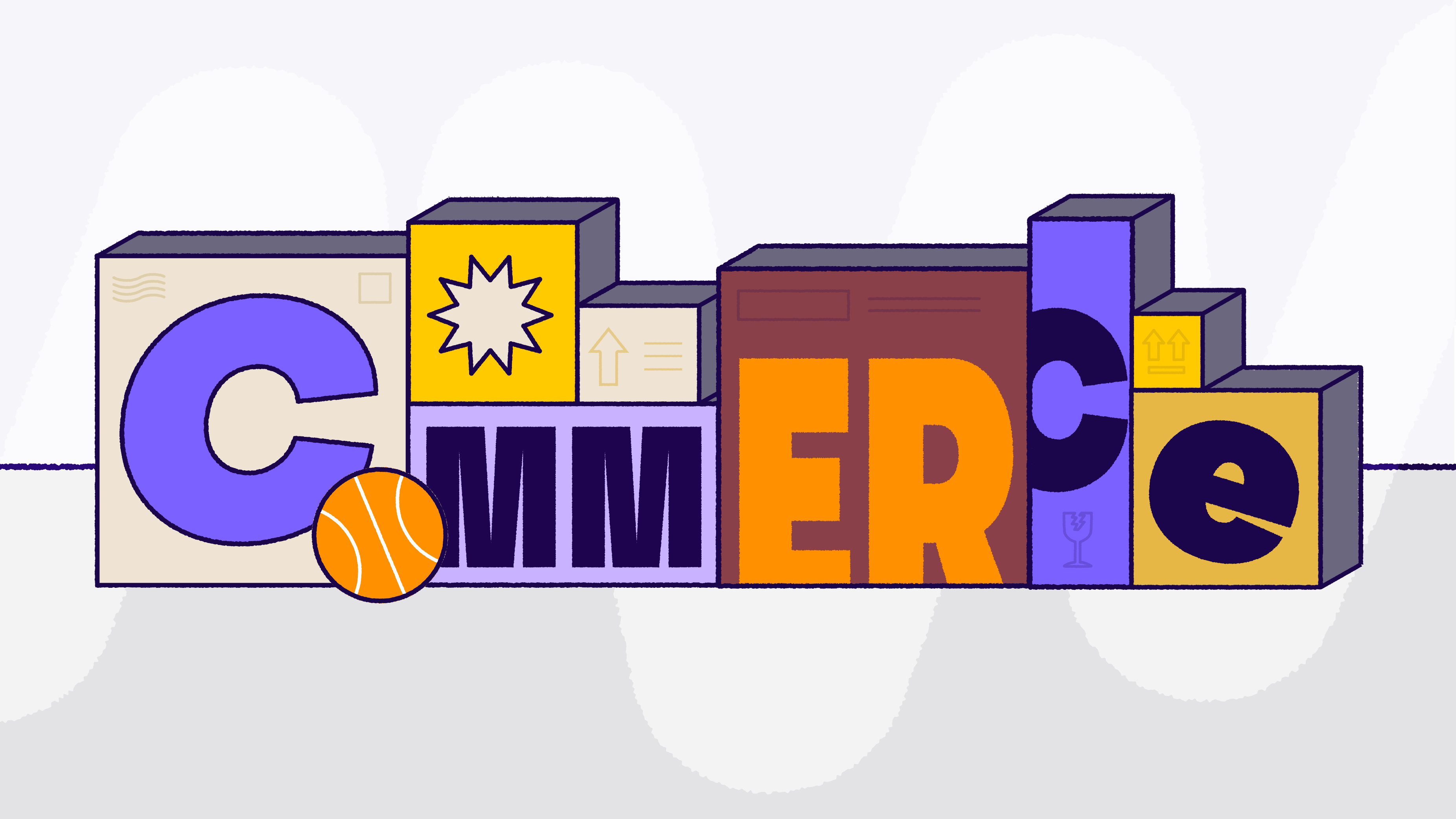 An illustration of a row of shipping boxes with 'commerce' written across the front faces of the boxes.