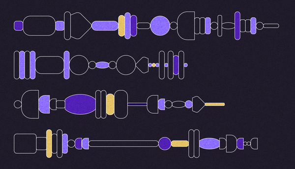 An abstract representation of sentences showing four rows of various shapes joined into strings.