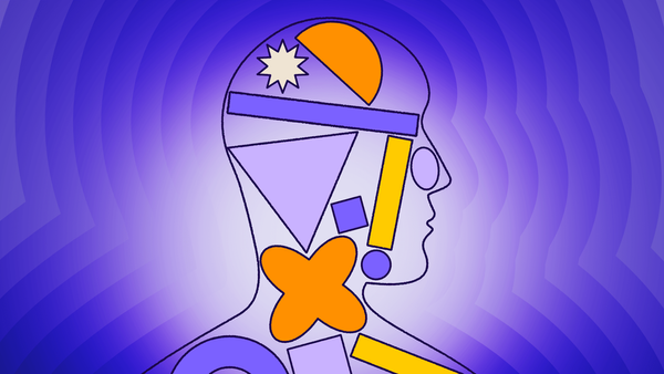 An abstract illustration of shapes of various form and colors contained within an outline of a human head.
