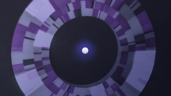 A moody, abstract illustration of concentric rings comprised of colored blocks with a glowing orb at the center.