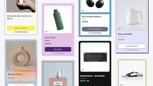 A mosaic grid of colorful product cards that feature images, titles, prices, and call-to-action buttons.