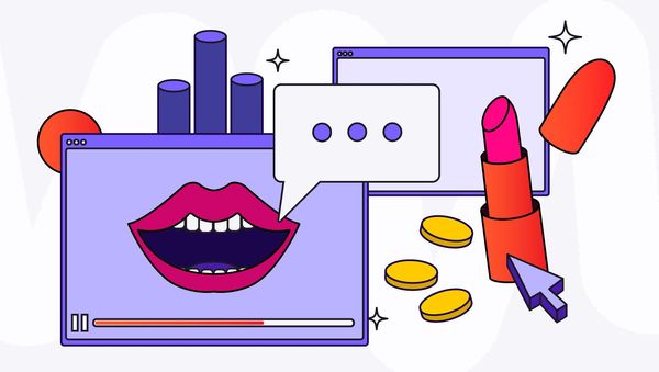 An abstract illustration depicting lipstick, a YouTube-style video player, coins, and a bar chart.