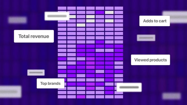 An abstract illustration depicting a heat-map-style chart surrounded by common ecommerce metrics.