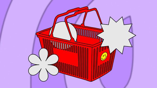 A bright illustration of a red shopping basket surrounded by three shapes against a purple background.