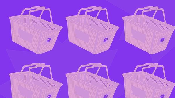 An abstract illustration of six shopping baskets arranged in a grid — all in vibrant purple and orange hues.