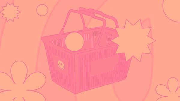 An abstract illustration of a shopping basket surrounded by various 2D shapes — all in bright orange and pink hues.