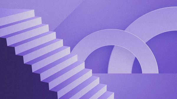 An abstract illustration of a staircase in front of circular shapes with a purple hue.